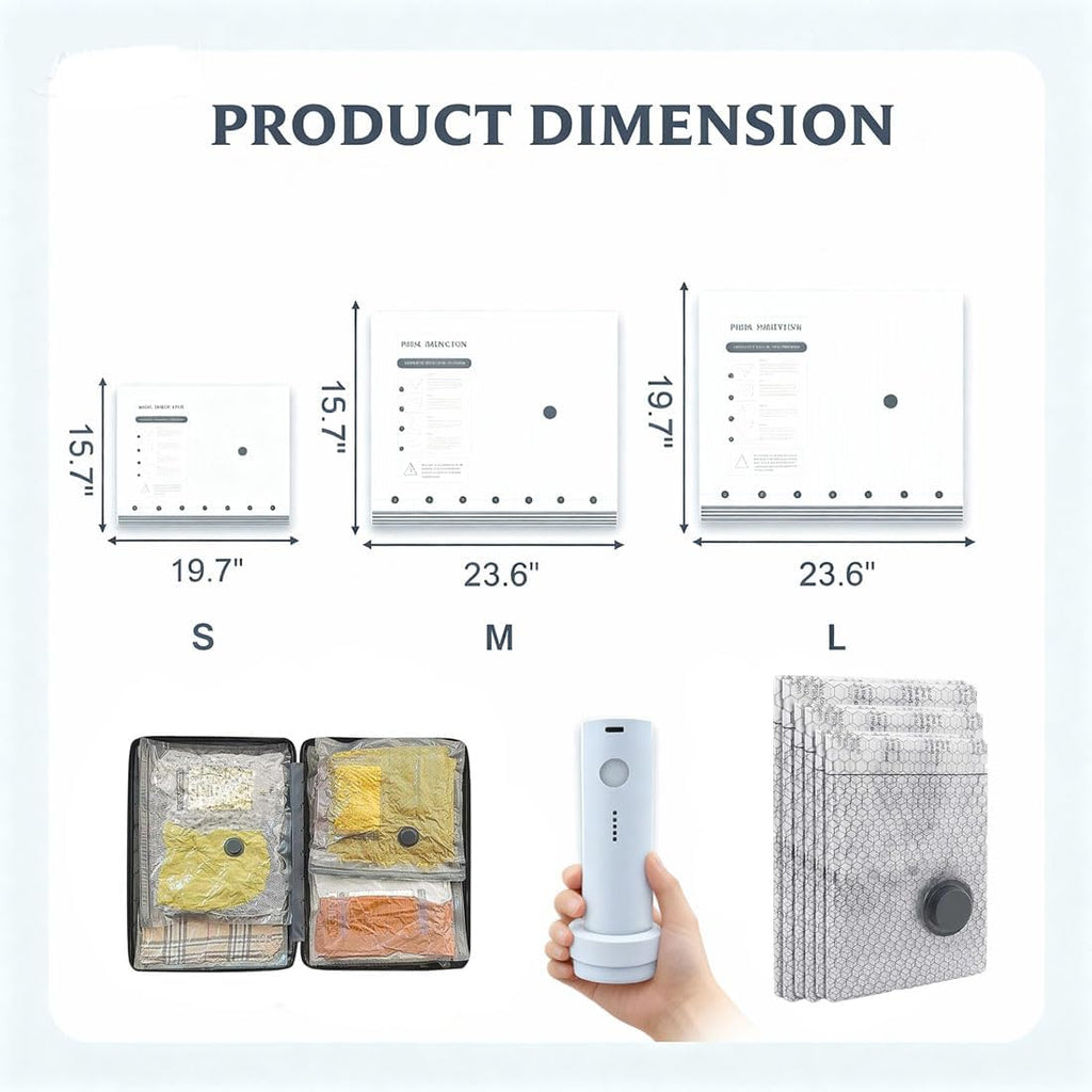 Cordless Travel Vacuum Bag Set, Vacuum Bags for Travel with Rechargeable Air Pump, for Luggage and Suitcase Compression, Space Saver, Clothes Storage (2PC S+2PCS M+2PC L)
