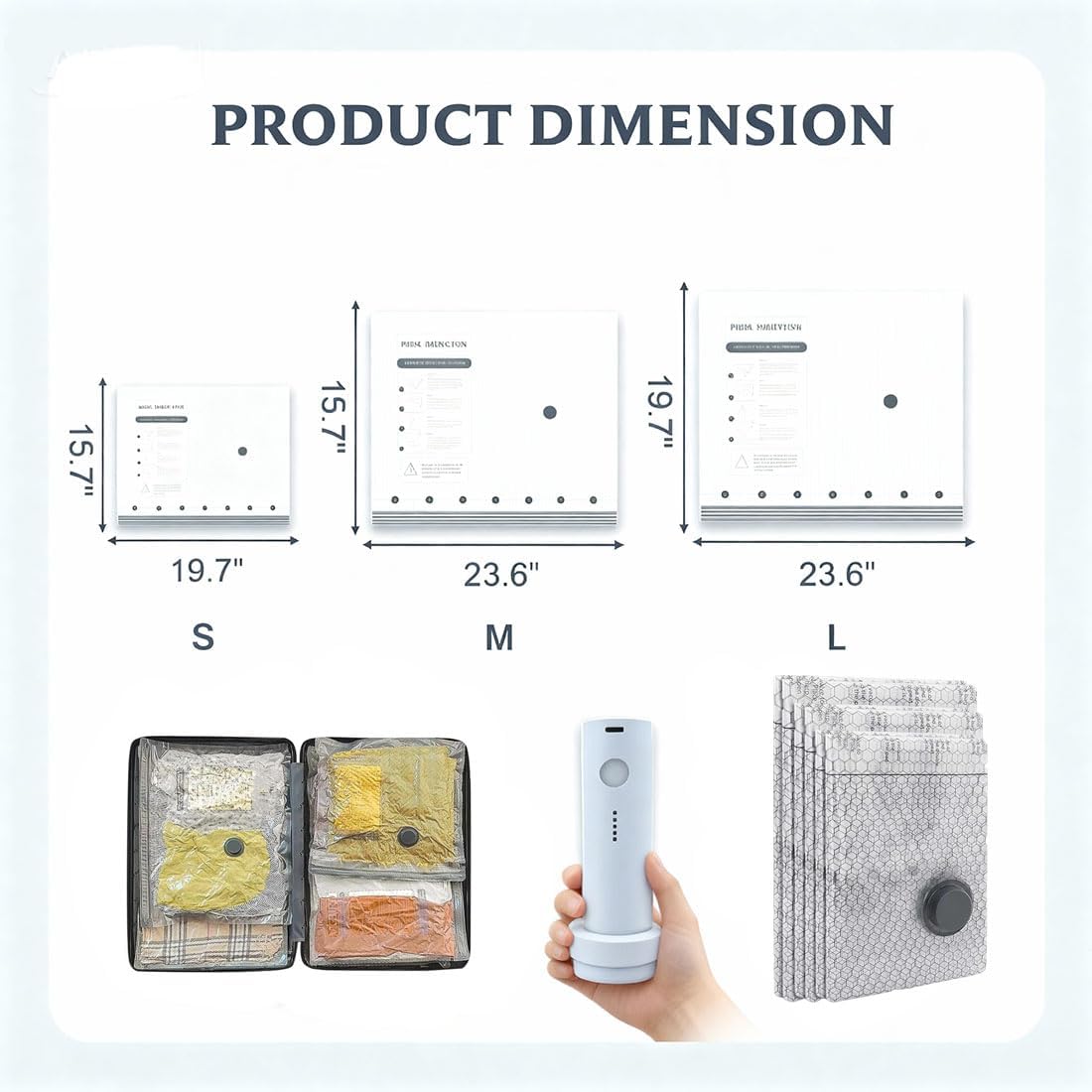 Cordless Travel Vacuum Bag Set, Vacuum Bags for Travel with Rechargeable Air Pump, for Luggage and Suitcase Compression, Space Saver, Clothes Storage (2PC S+2PCS M+2PC L)