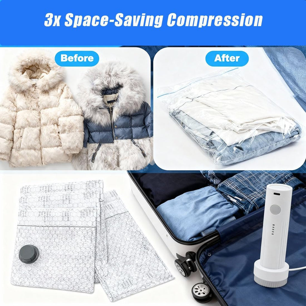 Cordless Travel Vacuum Bag Set, Vacuum Bags for Travel with Rechargeable Air Pump, for Luggage and Suitcase Compression, Space Saver, Clothes Storage (2PC S+2PCS M+2PC L)
