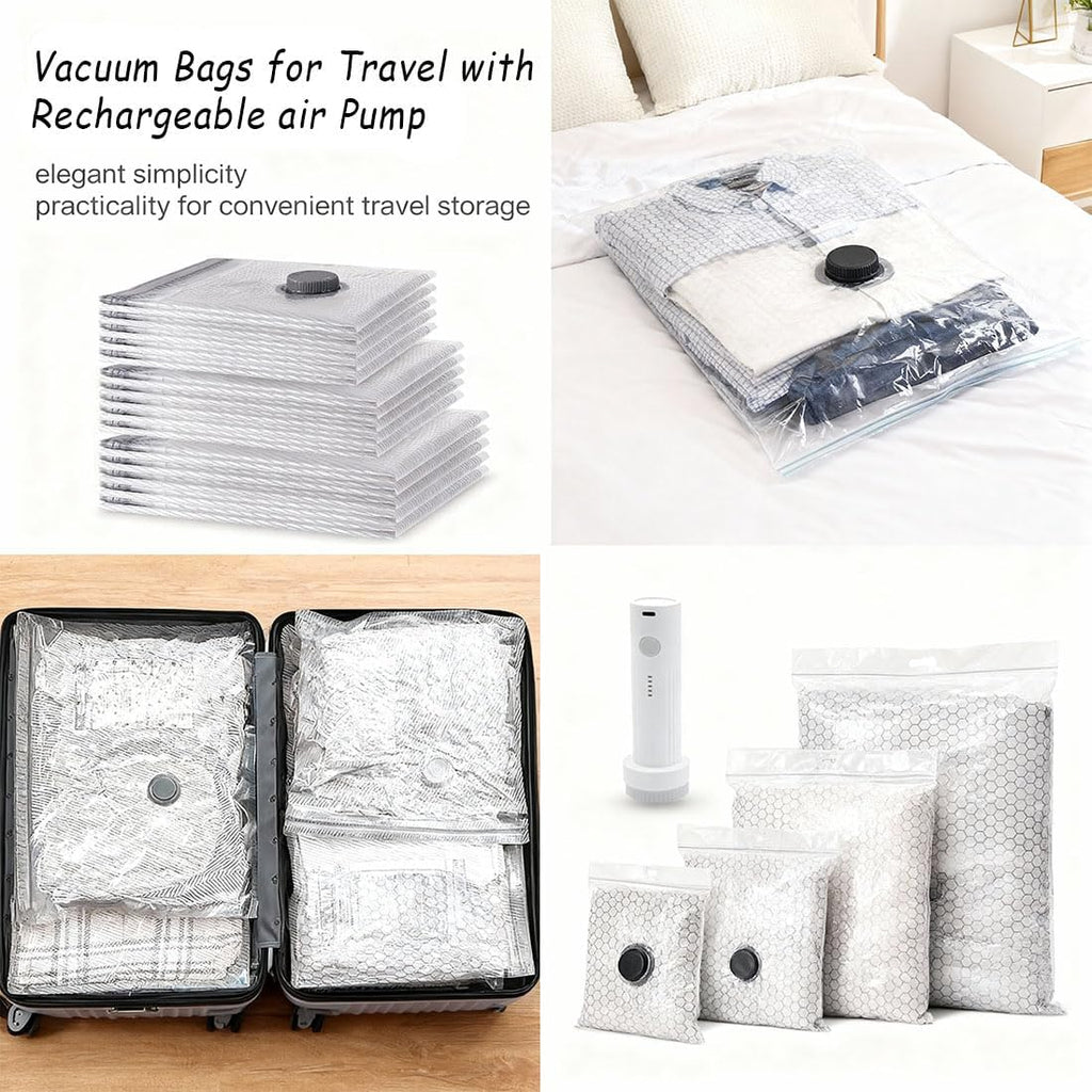 Cordless Travel Vacuum Bag Set, Vacuum Bags for Travel with Rechargeable Air Pump, for Luggage and Suitcase Compression, Space Saver, Clothes Storage (2PC S+2PCS M+2PC L)