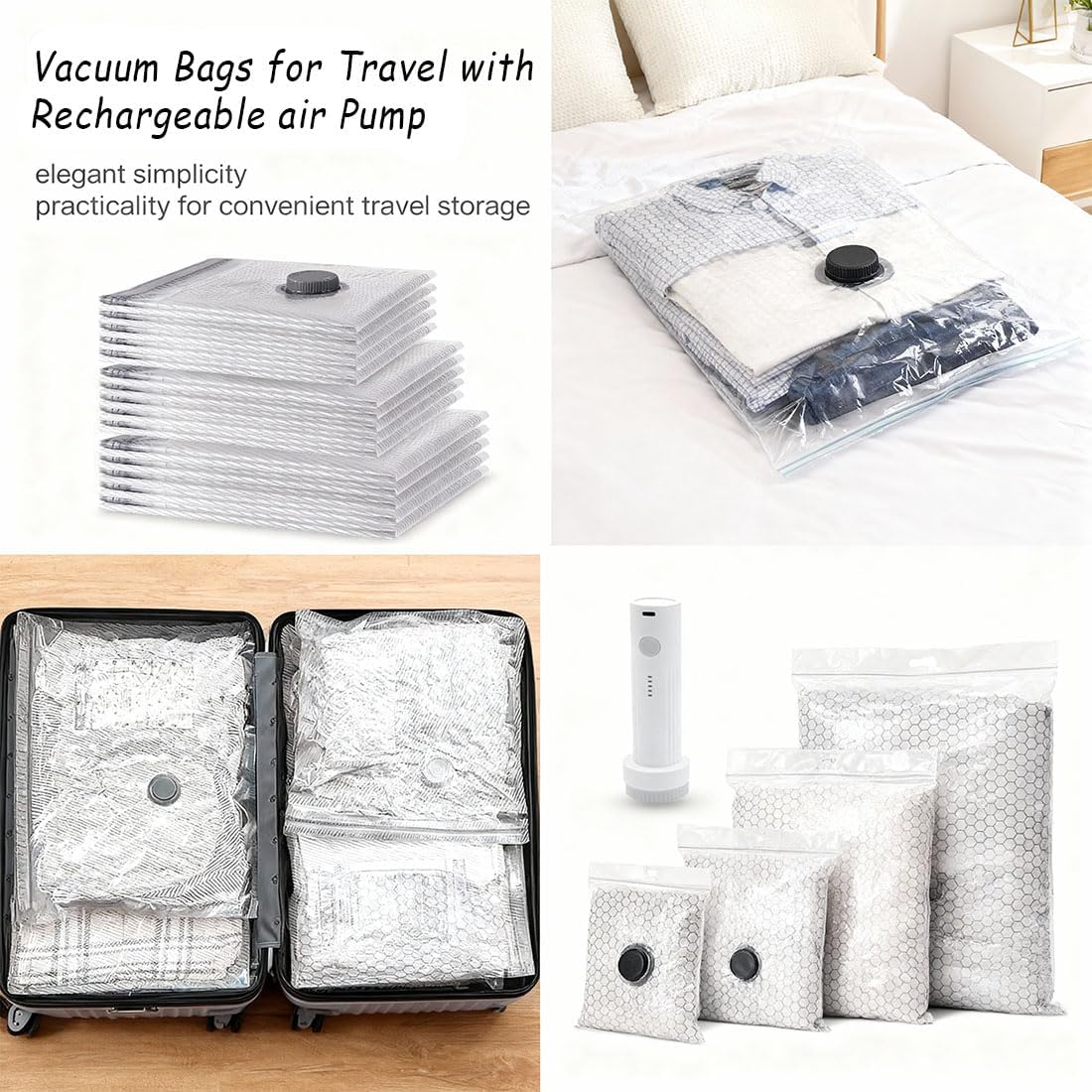 Cordless Travel Vacuum Bag Set, Vacuum Bags for Travel with Rechargeable Air Pump, for Luggage and Suitcase Compression, Space Saver, Clothes Storage (2PC S+2PCS M+2PC L)
