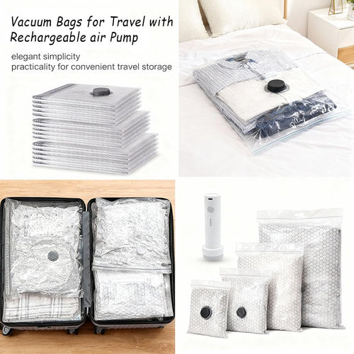 Cordless Travel Vacuum Bag Set, Vacuum Bags for Travel with Rechargeable Air Pump, for Luggage and Suitcase Compression, Space Saver, Clothes Storage (2PC S+2PCS M+2PC L)