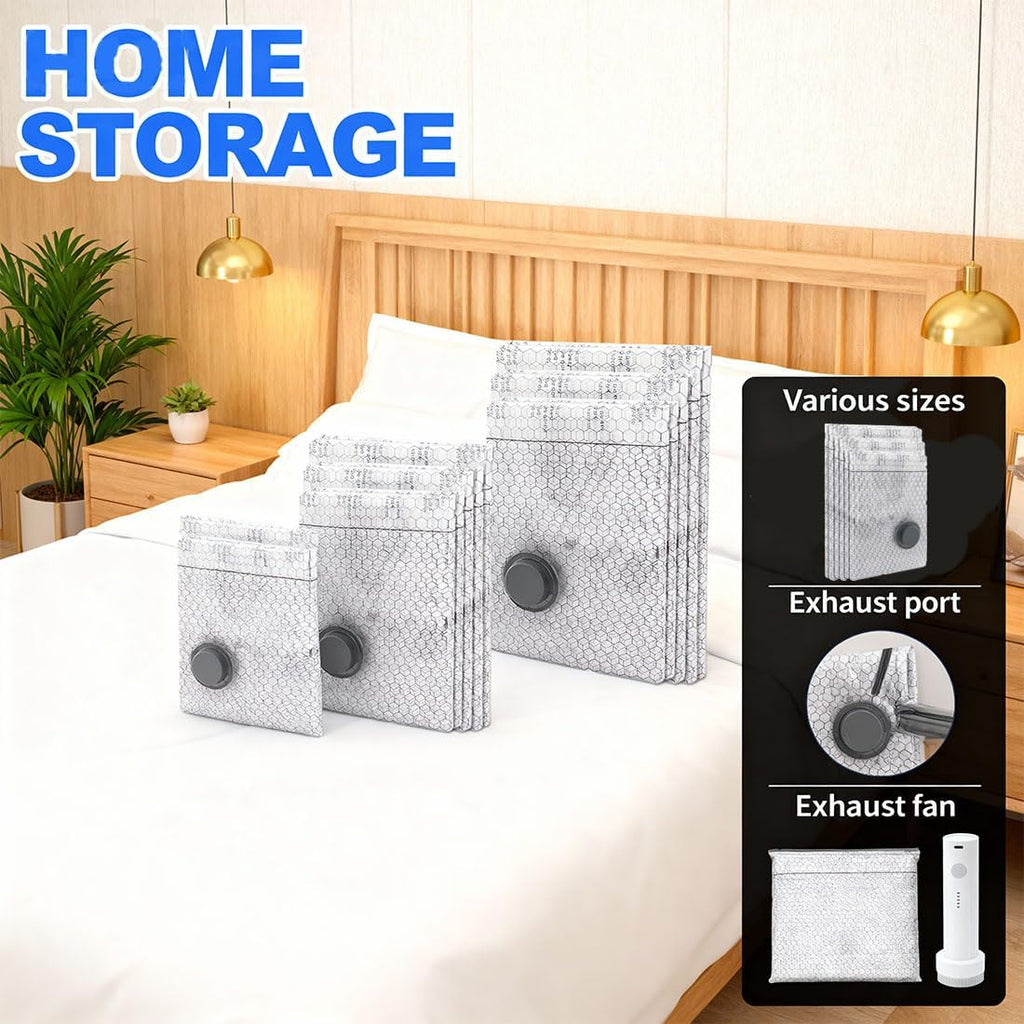 Cordless Travel Vacuum Bag Set, Vacuum Bags for Travel with Rechargeable Air Pump, for Luggage and Suitcase Compression, Space Saver, Clothes Storage (2PC S+2PCS M+2PC L)