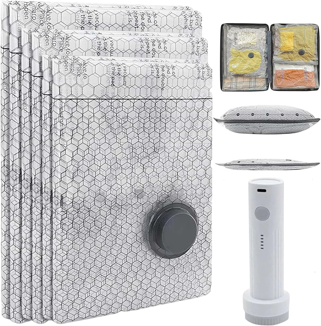Cordless Travel Vacuum Bag Set, Vacuum Bags for Travel with Rechargeable Air Pump, for Luggage and Suitcase Compression, Space Saver, Clothes Storage (2PC S+2PCS M+2PC L)