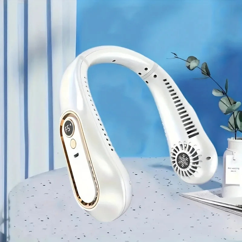 Free Hands No Leaf Neck Hanging Fan Portable Hanging Mini Fan Digital Display Power Outdoor Hiking Camping USB Charging